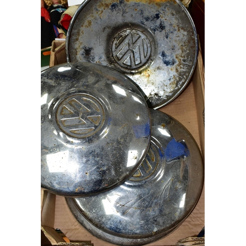 434 - FOUR VINTAGE CHROME VOLKSWAGEN HUBCAPS, Condition Report: one is dented, one is badly scratched, all... 