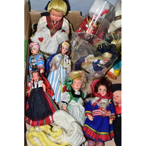 436 - A BOX OF NATIONAL COSTUME COLLECTORS DOLLS ETC, to include a distressed Canadian teddy bear in the f... 