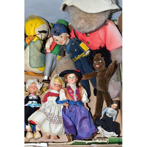 436 - A BOX OF NATIONAL COSTUME COLLECTORS DOLLS ETC, to include a distressed Canadian teddy bear in the f... 