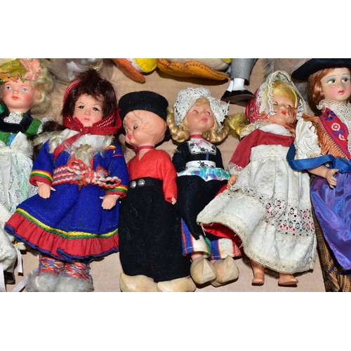 436 - A BOX OF NATIONAL COSTUME COLLECTORS DOLLS ETC, to include a distressed Canadian teddy bear in the f... 