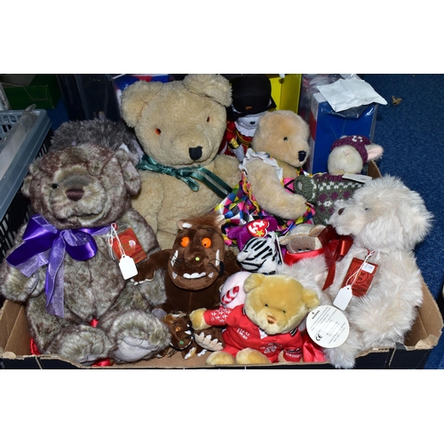 437 - A BOX AND LOOSE TEDDY BEARS AND SOFT TOYS, to include two Keel Toys bears with tags attached, Bearho... 