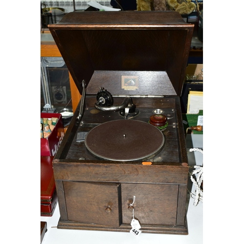 443 - A HIS MASTERS VOICE (HMV) MODEL 109 GRAMOPHONE, winds and runs but will require some attention