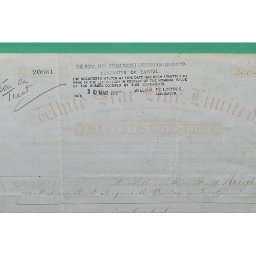 448 - A WHITE STAR LINE SHARE CERTIFICATE, issue date 1929, shares were purchased by Miss Lillian Wright o... 