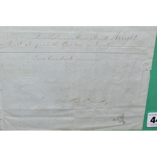 448 - A WHITE STAR LINE SHARE CERTIFICATE, issue date 1929, shares were purchased by Miss Lillian Wright o... 