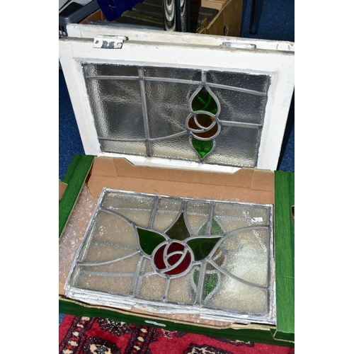 449 - FIVE LEADED GLASS WINDOW PANES, two still in wooden frames, approximate sizes 44cm x 29cm, two of th... 