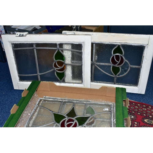 449 - FIVE LEADED GLASS WINDOW PANES, two still in wooden frames, approximate sizes 44cm x 29cm, two of th... 