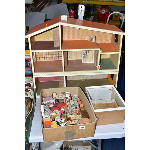 452 - A 1970'S STYLE DOLLS HOUSE WITH FURNITURE AND ACCESSORIES ETC, together with a diorama depicting a f... 