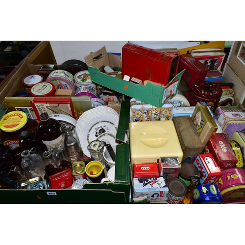 453 - FIVE BOXES OF ASSORTED TIN BOXES AND GLASS JARS ETC, to include Nairn's Oat Cakes, OXO, Quality Stre... 