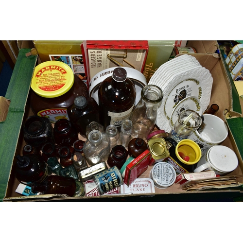 453 - FIVE BOXES OF ASSORTED TIN BOXES AND GLASS JARS ETC, to include Nairn's Oat Cakes, OXO, Quality Stre... 