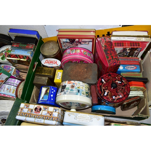 453 - FIVE BOXES OF ASSORTED TIN BOXES AND GLASS JARS ETC, to include Nairn's Oat Cakes, OXO, Quality Stre... 