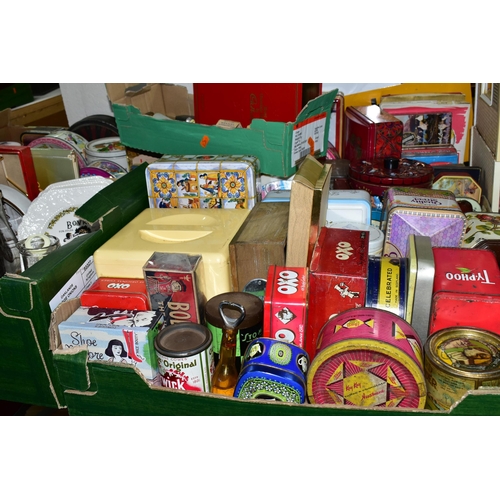 453 - FIVE BOXES OF ASSORTED TIN BOXES AND GLASS JARS ETC, to include Nairn's Oat Cakes, OXO, Quality Stre... 