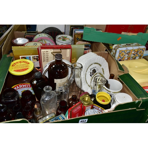 453 - FIVE BOXES OF ASSORTED TIN BOXES AND GLASS JARS ETC, to include Nairn's Oat Cakes, OXO, Quality Stre... 