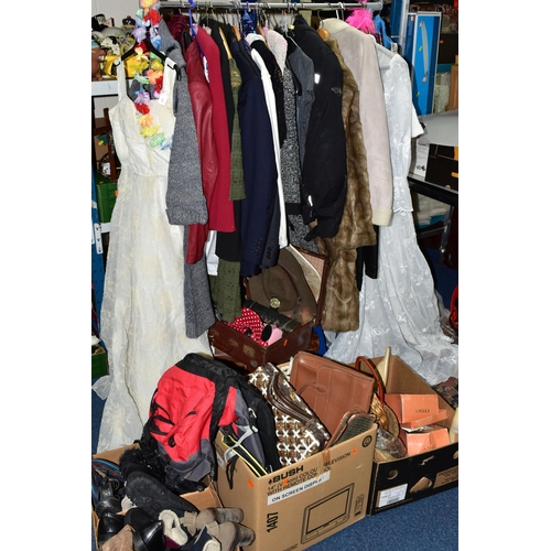 501 - THREE BOXES, TWO SUITCASES AND LOOSE CLOTHING AND ACCESSORIES, to include a Ben Sherman black leathe... 