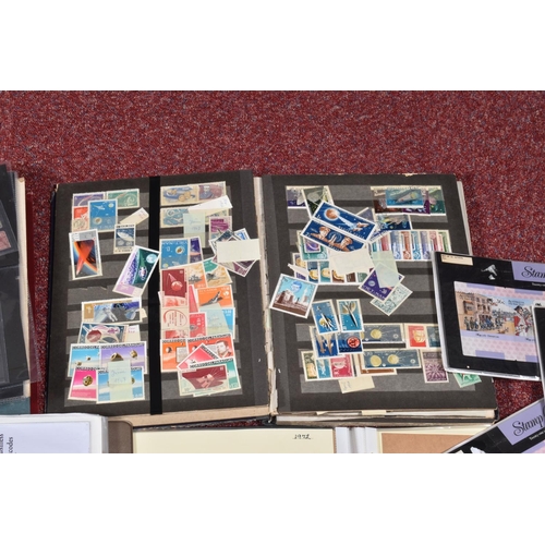 20 - PLASTIC TUB OF STAMPS INC CARDS, ALBUM PAGES AND ALBUMS, we note USA INC Back of Book, Italy Monteca... 