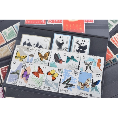 22 - SMALL BOX OF APPROX EIGHTY 3STRIP CARDS WITH STAMPS OF CHINA AND A FEW JAPAN, we note selection of c... 