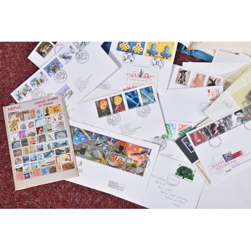 44 - ACCUMULATION OF STAMPS IN BLUE TUB, we note GB FDCs and other covers from KGVI to 1970s and a few od... 