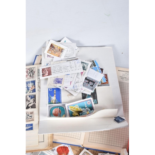 6 - GREEN TUB WITH ACCUMUATION OF STAMPS IN PACKETS AND FIVE SMALL ALBUMS