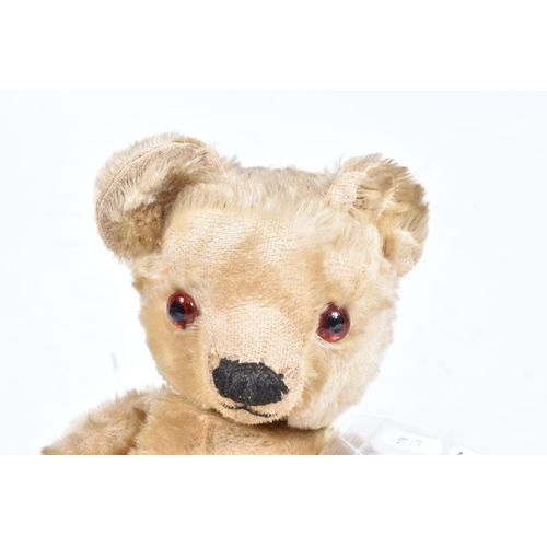 80 - A CHAD VALLEY BLONDE MOHAIR TEDDY BEAR, amber and black glass eyes, shaved muzzle, vertical stitched... 