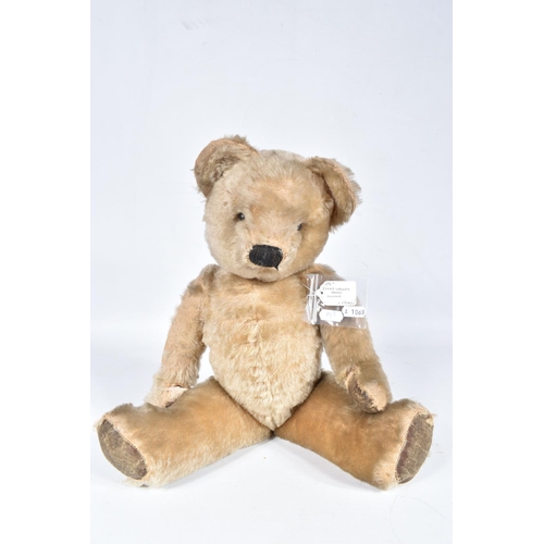 80 - A CHAD VALLEY BLONDE MOHAIR TEDDY BEAR, amber and black glass eyes, shaved muzzle, vertical stitched... 