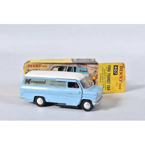 123 - TWO BOXED DINKY TOYS FORD TRANSIT VANS, No.407, both type 1 casting, promotional issues 'Kenwood Dom... 