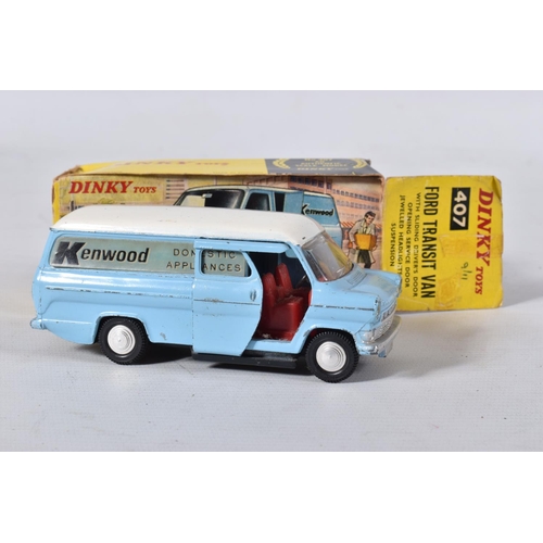 123 - TWO BOXED DINKY TOYS FORD TRANSIT VANS, No.407, both type 1 casting, promotional issues 'Kenwood Dom... 