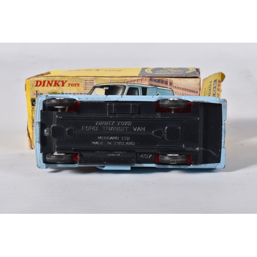 123 - TWO BOXED DINKY TOYS FORD TRANSIT VANS, No.407, both type 1 casting, promotional issues 'Kenwood Dom... 