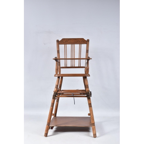 97 - A GERMAN PINE METAMORPHIC DOLLS HIGH CHAIR, c.1910, transfer decoration, tray features a line of col... 