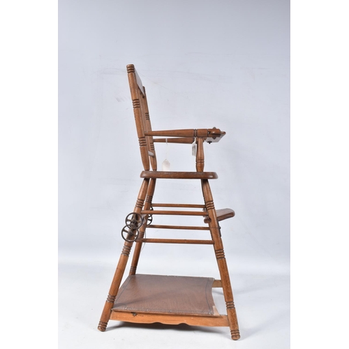 97 - A GERMAN PINE METAMORPHIC DOLLS HIGH CHAIR, c.1910, transfer decoration, tray features a line of col... 