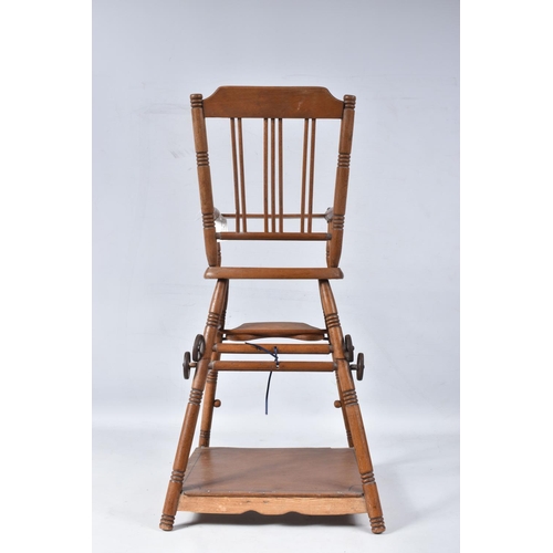 97 - A GERMAN PINE METAMORPHIC DOLLS HIGH CHAIR, c.1910, transfer decoration, tray features a line of col... 