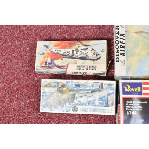 132 - A QUANTITY OF BOXED UNBUILT AIRFIX AND REVELL PLASTIC CONSTRUCTION KITS, majority are aircraft or sh... 