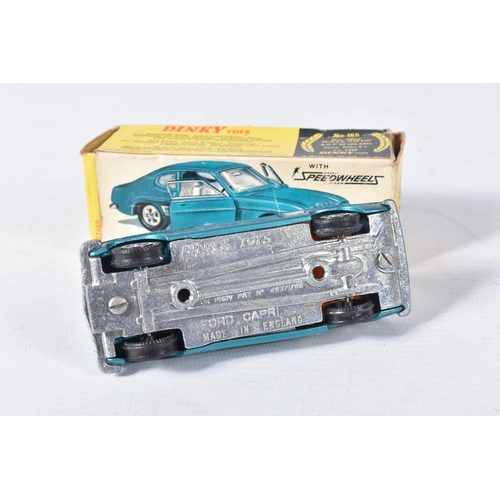 140 - FOUR BOXED DINKY TOYS FORD CAR MODELS, Capri, No.165, metallic turquoise with Speedwheels, Escort, N... 