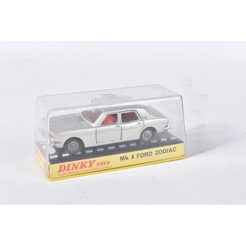 141 - FOUR BOXED DINKY TOYS FORD CAR MODELS, Mk1. Cortina, No.133 metallic gold and white, Kiv Zodiac, No.... 