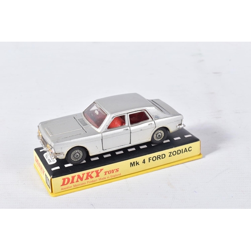 141 - FOUR BOXED DINKY TOYS FORD CAR MODELS, Mk1. Cortina, No.133 metallic gold and white, Kiv Zodiac, No.... 