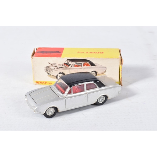 141 - FOUR BOXED DINKY TOYS FORD CAR MODELS, Mk1. Cortina, No.133 metallic gold and white, Kiv Zodiac, No.... 