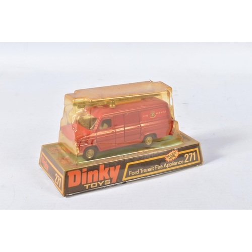 145 - THREE DINKY TOYS FORD TRANSIT VANS, boxed Fire Appliance, No.271, type 2 casting, complete with arie... 