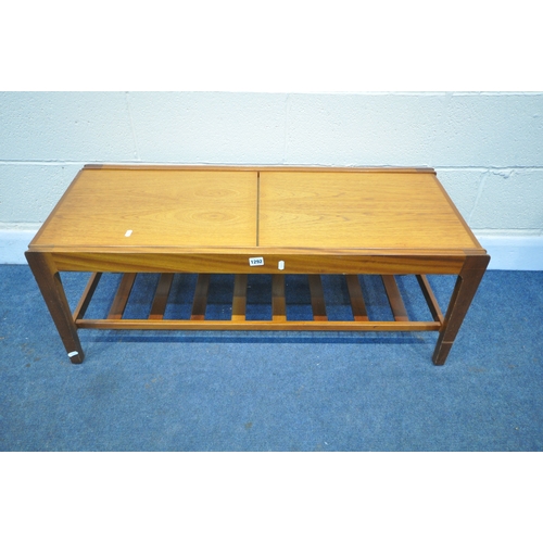 1292 - A MID CENTURY REMPLOY TEAK EXTENDING COFFEE TABLE, with a central tiles, extended length 143cm x clo... 