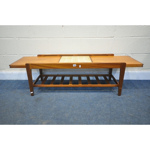 1292 - A MID CENTURY REMPLOY TEAK EXTENDING COFFEE TABLE, with a central tiles, extended length 143cm x clo... 