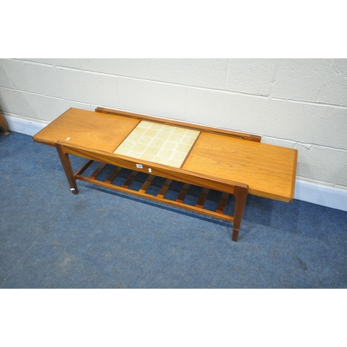 1292 - A MID CENTURY REMPLOY TEAK EXTENDING COFFEE TABLE, with a central tiles, extended length 143cm x clo... 