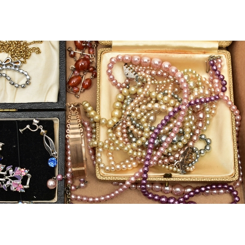 60 - A BOX OF ASSORTED COSTUME JEWELLERY, to include various imitation pearl necklaces, a boxed ceramic f... 