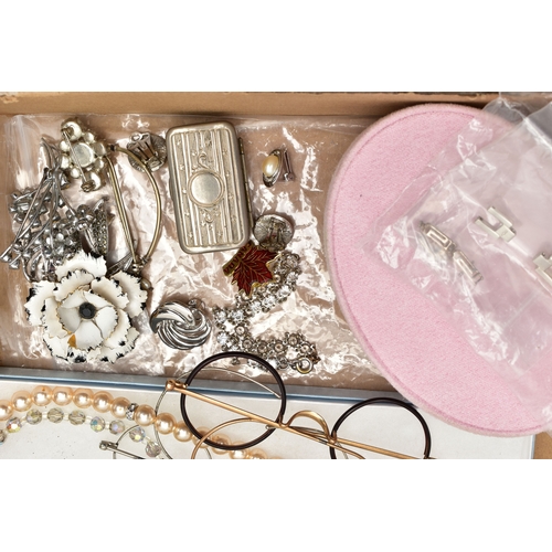 60 - A BOX OF ASSORTED COSTUME JEWELLERY, to include various imitation pearl necklaces, a boxed ceramic f... 