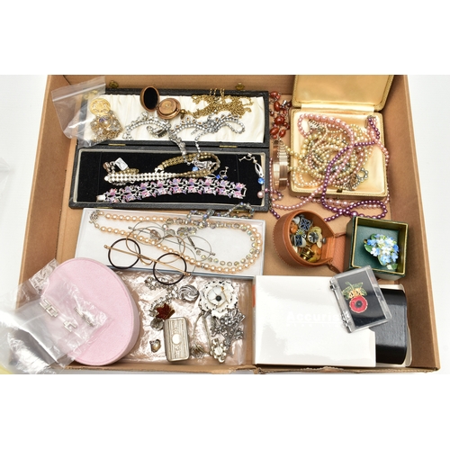 60 - A BOX OF ASSORTED COSTUME JEWELLERY, to include various imitation pearl necklaces, a boxed ceramic f... 