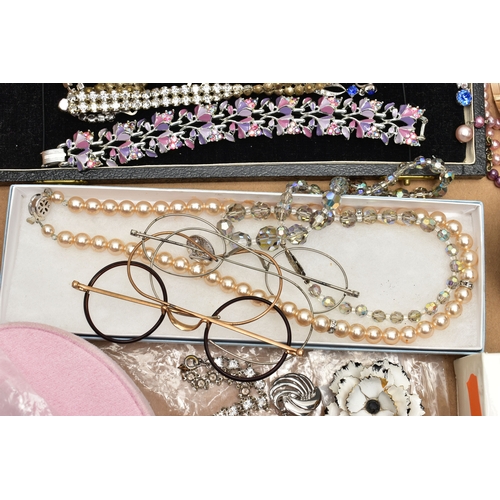 60 - A BOX OF ASSORTED COSTUME JEWELLERY, to include various imitation pearl necklaces, a boxed ceramic f... 