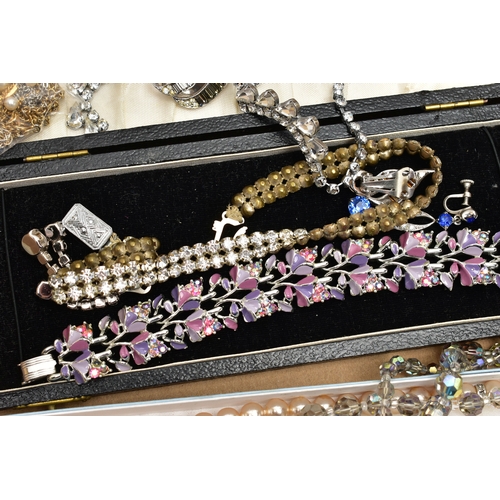 60 - A BOX OF ASSORTED COSTUME JEWELLERY, to include various imitation pearl necklaces, a boxed ceramic f... 