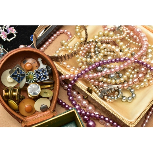 60 - A BOX OF ASSORTED COSTUME JEWELLERY, to include various imitation pearl necklaces, a boxed ceramic f... 