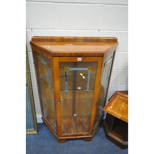 1203 - AN ART DECO SINGLE DOOR DISPLAY CABINET,  with a raised back, two glass shelves, mirrored decoration... 