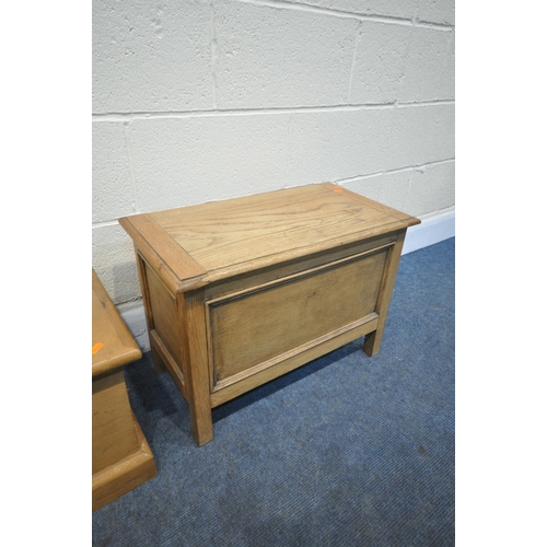 1212 - A SMALL OAK BLANKET CHEST, width 61cm x depth 33cm x height 43cm, and a small pine blanket chest (co... 