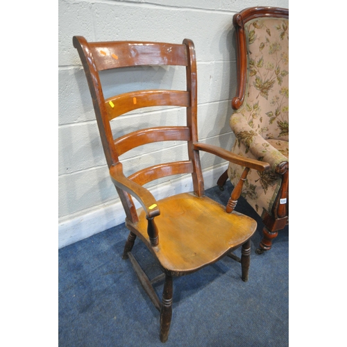 1220 - A LATE VICTORIAN WALNUT ARMCHAIR, with floral fabric, and a 19th century elm ladderback armchair (co... 