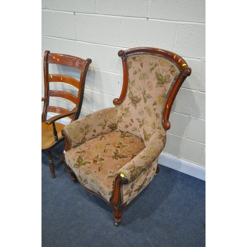 1220 - A LATE VICTORIAN WALNUT ARMCHAIR, with floral fabric, and a 19th century elm ladderback armchair (co... 