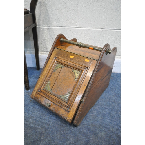 1221 - AN 19TH CENTURY OAK AND BRASS PURDONIUM (condition:-crack to panel) and a beech piano stool (2)