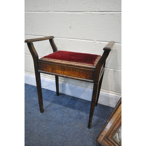 1221 - AN 19TH CENTURY OAK AND BRASS PURDONIUM (condition:-crack to panel) and a beech piano stool (2)